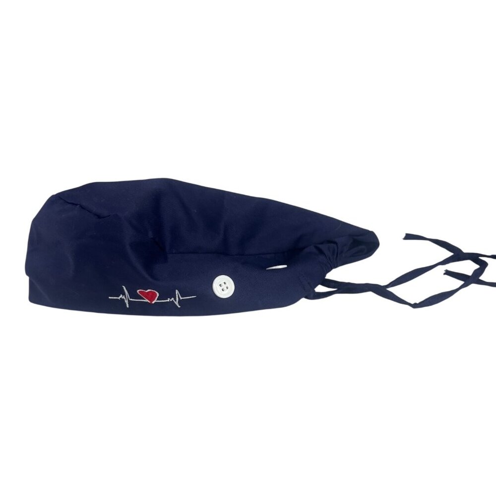 Medical Scrub Cap Blue New WOT Heartbeat Embroidery Buttons Mask Straps
